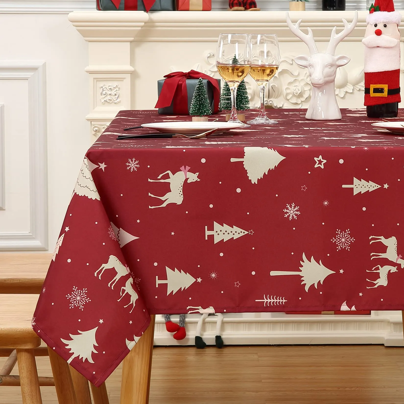 GARVEE Christmas Table Cloth Rectangle 60x84 Inch, Waterproof Holiday Xmas Deer Tree Kitchen Farmhouse Christmas Table Decorations for Home Dining Party, Oblong Table Cloth for Indoor Outdoor, Gold