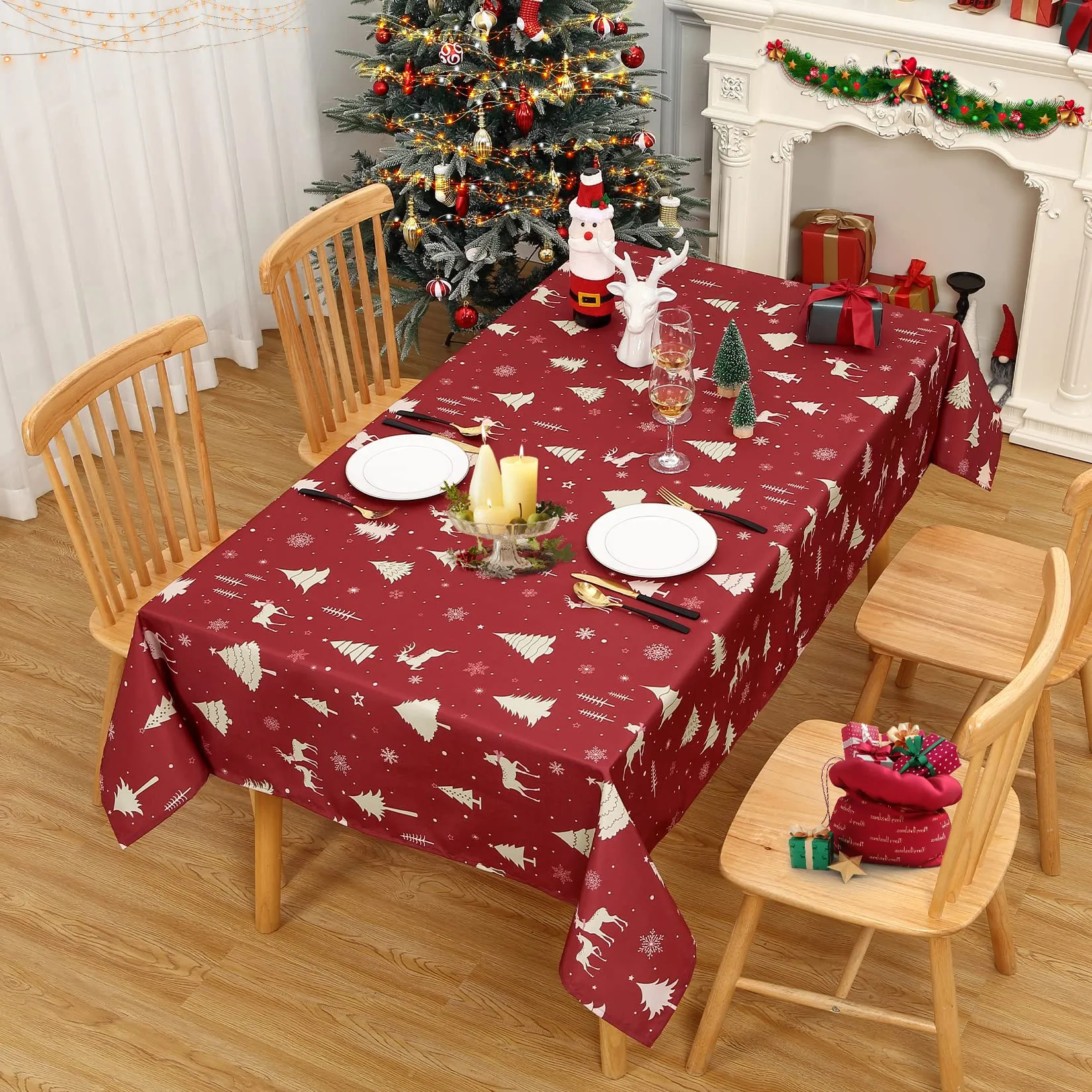 GARVEE Christmas Table Cloth Rectangle 60x84 Inch, Waterproof Holiday Xmas Deer Tree Kitchen Farmhouse Christmas Table Decorations for Home Dining Party, Oblong Table Cloth for Indoor Outdoor, Gold