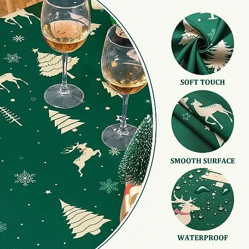 GARVEE Christmas Table Cloth Rectangle 60x84 Inch, Waterproof Holiday Xmas Deer Tree Kitchen Farmhouse Christmas Table Decorations for Home Dining Party, Oblong Table Cloth for Indoor Outdoor, Green