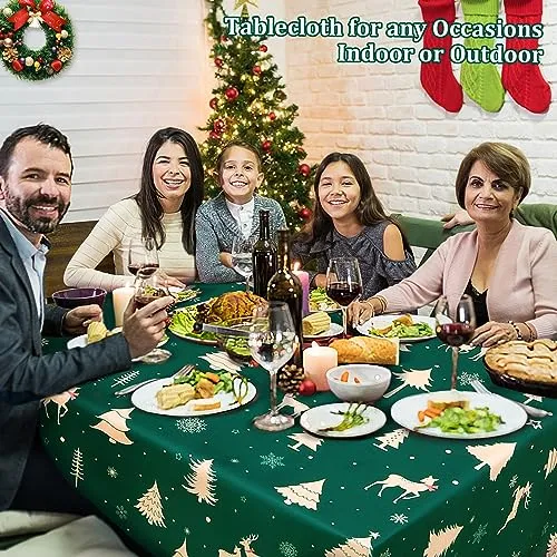 GARVEE Christmas Table Cloth Rectangle 60x84 Inch, Waterproof Holiday Xmas Deer Tree Kitchen Farmhouse Christmas Table Decorations for Home Dining Party, Oblong Table Cloth for Indoor Outdoor, Green