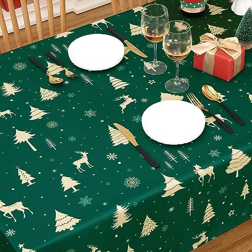 GARVEE Christmas Table Cloth Rectangle 60x84 Inch, Waterproof Holiday Xmas Deer Tree Kitchen Farmhouse Christmas Table Decorations for Home Dining Party, Oblong Table Cloth for Indoor Outdoor, Green