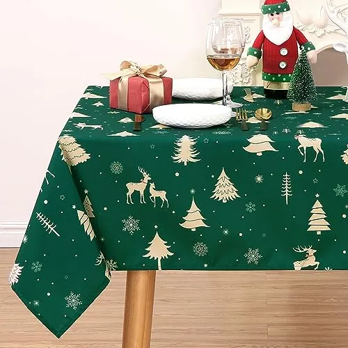 GARVEE Christmas Table Cloth Rectangle 60x84 Inch, Waterproof Holiday Xmas Deer Tree Kitchen Farmhouse Christmas Table Decorations for Home Dining Party, Oblong Table Cloth for Indoor Outdoor, Green