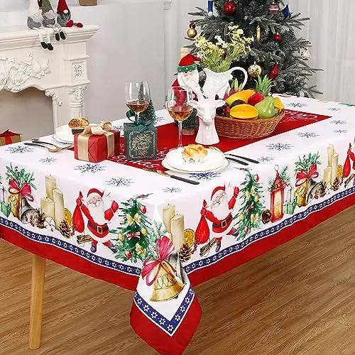 GARVEE Christmas Tablecloth, Christmas Table Cloths Rectangle 52 x 70 Inch, Santa Claus Xmas Tree Decorations Farmhouse Rustic Party Outdoor Table Decor Christmas Table Cover