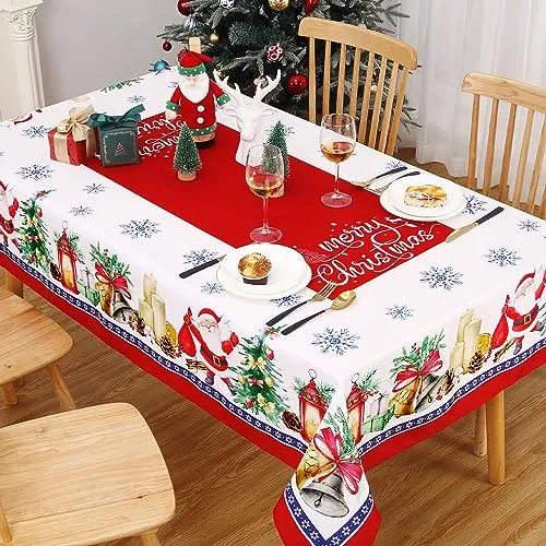 GARVEE Christmas Tablecloth, Christmas Table Cloths Rectangle 52 x 70 Inch, Santa Claus Xmas Tree Decorations Farmhouse Rustic Party Outdoor Table Decor Christmas Table Cover