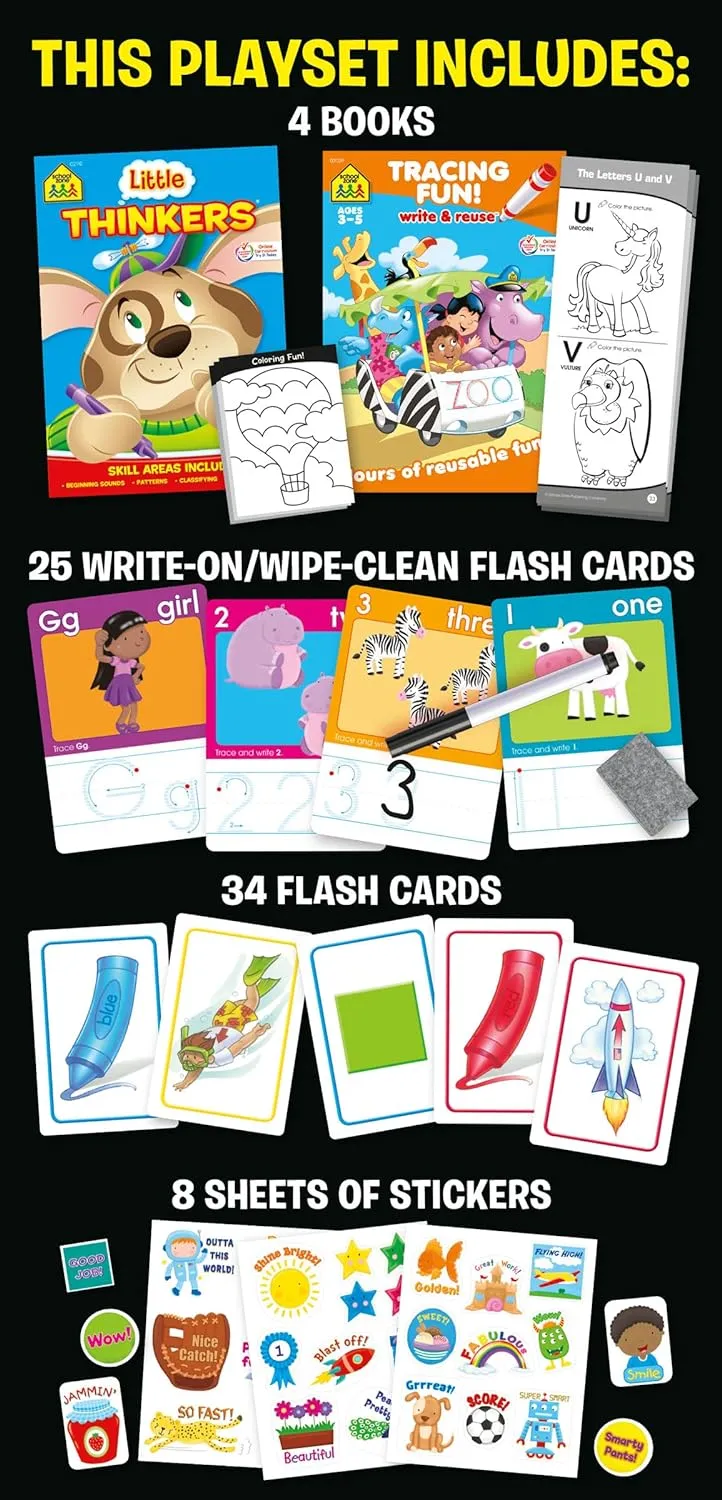 Get Ready Preschool Learning Playset - Ages 3-5, Workbooks, Flash Cards, Write & Reuse, Coloring, Alphabet, Numbers, Shapes, Stickers, Carrying Case, Crayons, Pencil & Wipe-Clean Marker