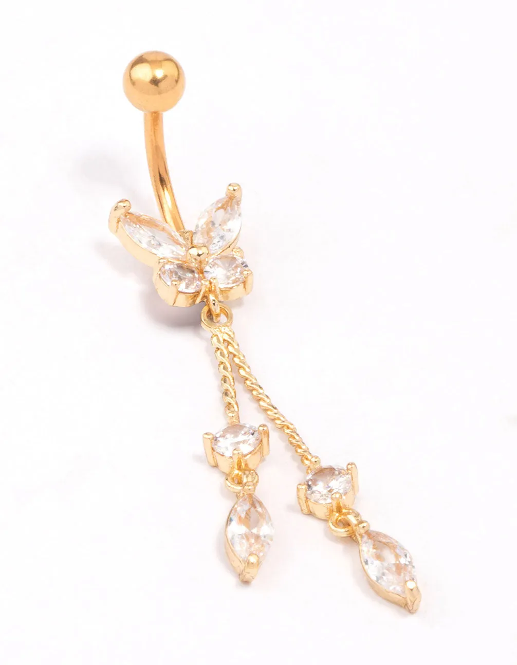 Gold Plated Surgical Steel Butterfly Cubic Zirconia Chain Belly Ring