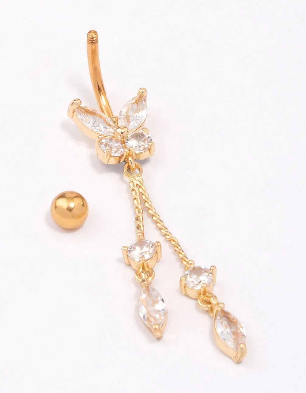 Gold Plated Surgical Steel Butterfly Cubic Zirconia Chain Belly Ring