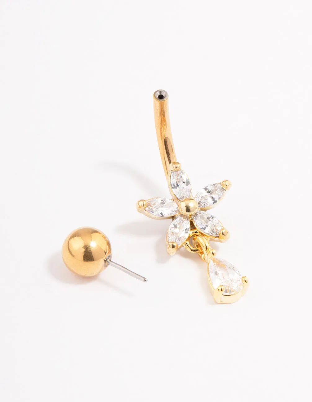 Gold Plated Surgical Steel Cubic Zirconia Flower Pear Belly Ring