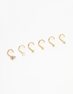 Gold Plated Surgical Steel Diamante Cross Nose Piercing 6-Pack