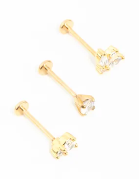 Gold Plated Surgical Steel Double Cubic Zirconia Flatbacks 3-Pack