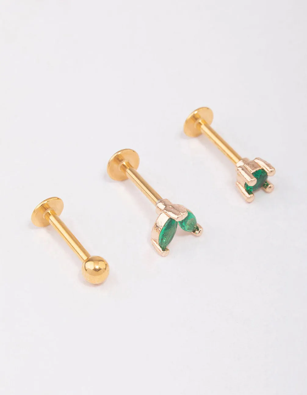 Gold Plated Surgical Steel Emerald Marquise Leaf Flat Back 3-Pack