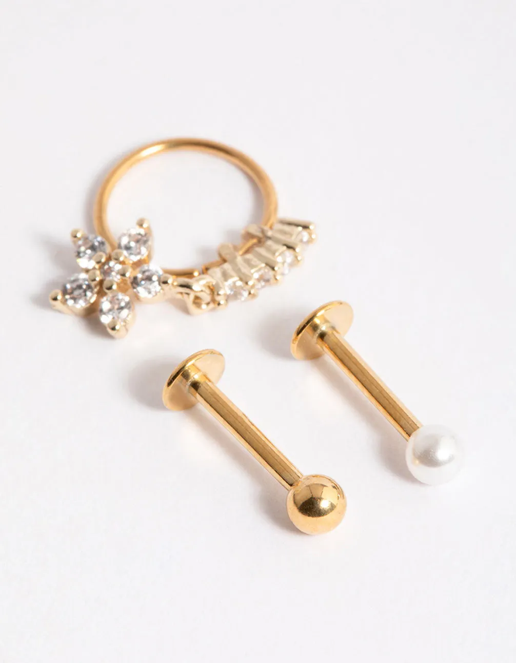 Gold Plated Surgical Steel Flower Drop Pearl Flat Back