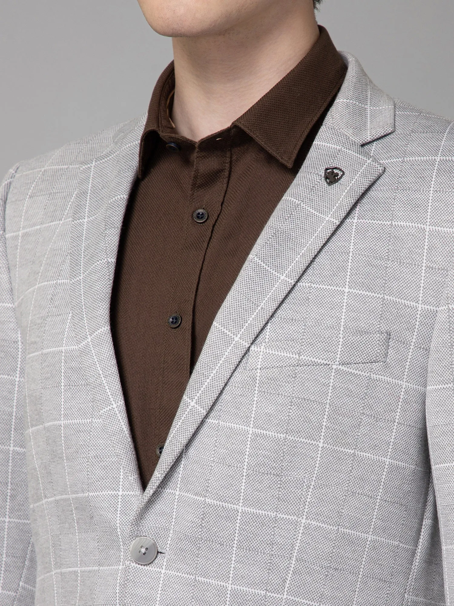 Grey Checkered Full Sleeves Casual Blazer For Men