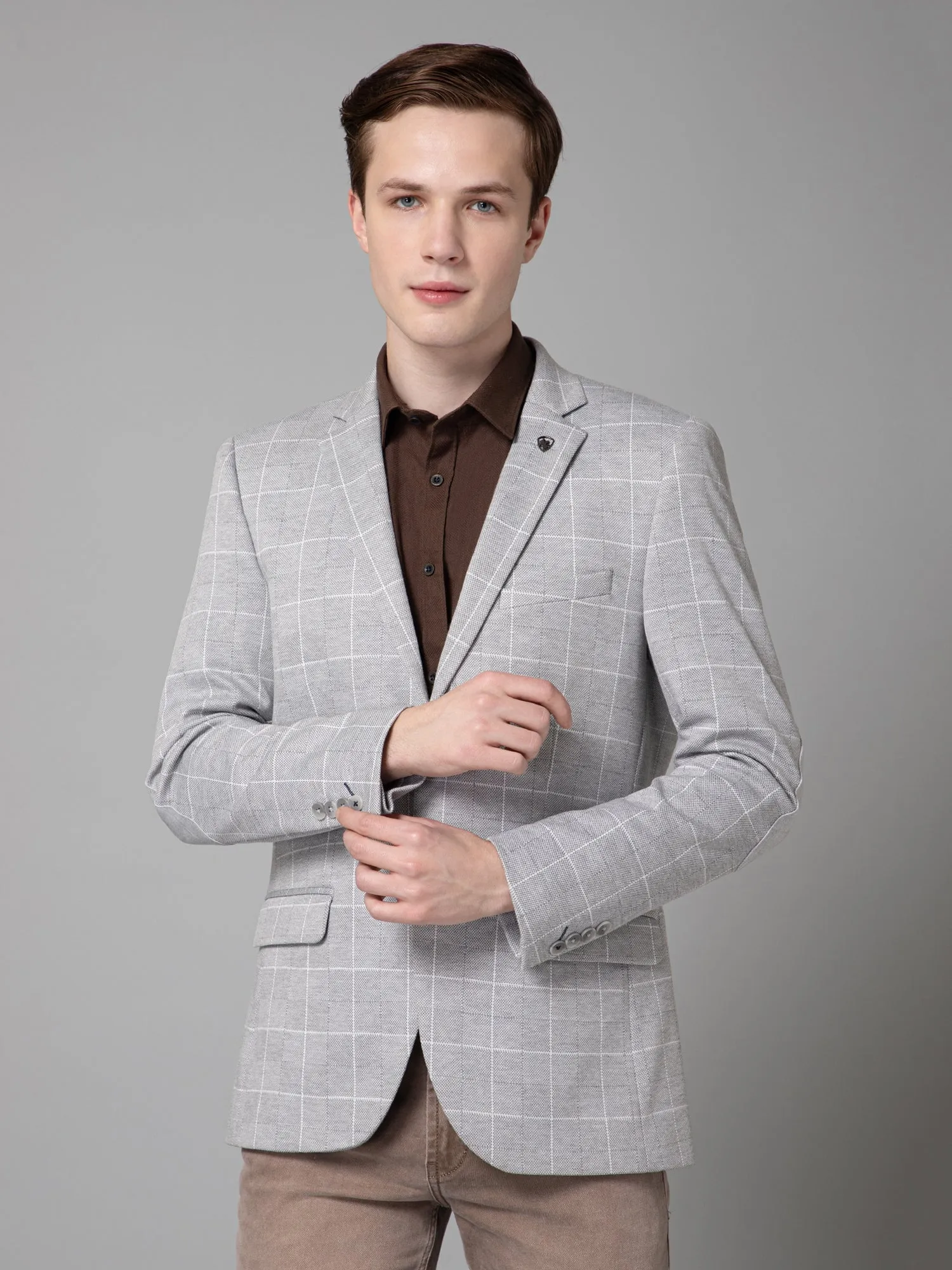 Grey Checkered Full Sleeves Casual Blazer For Men