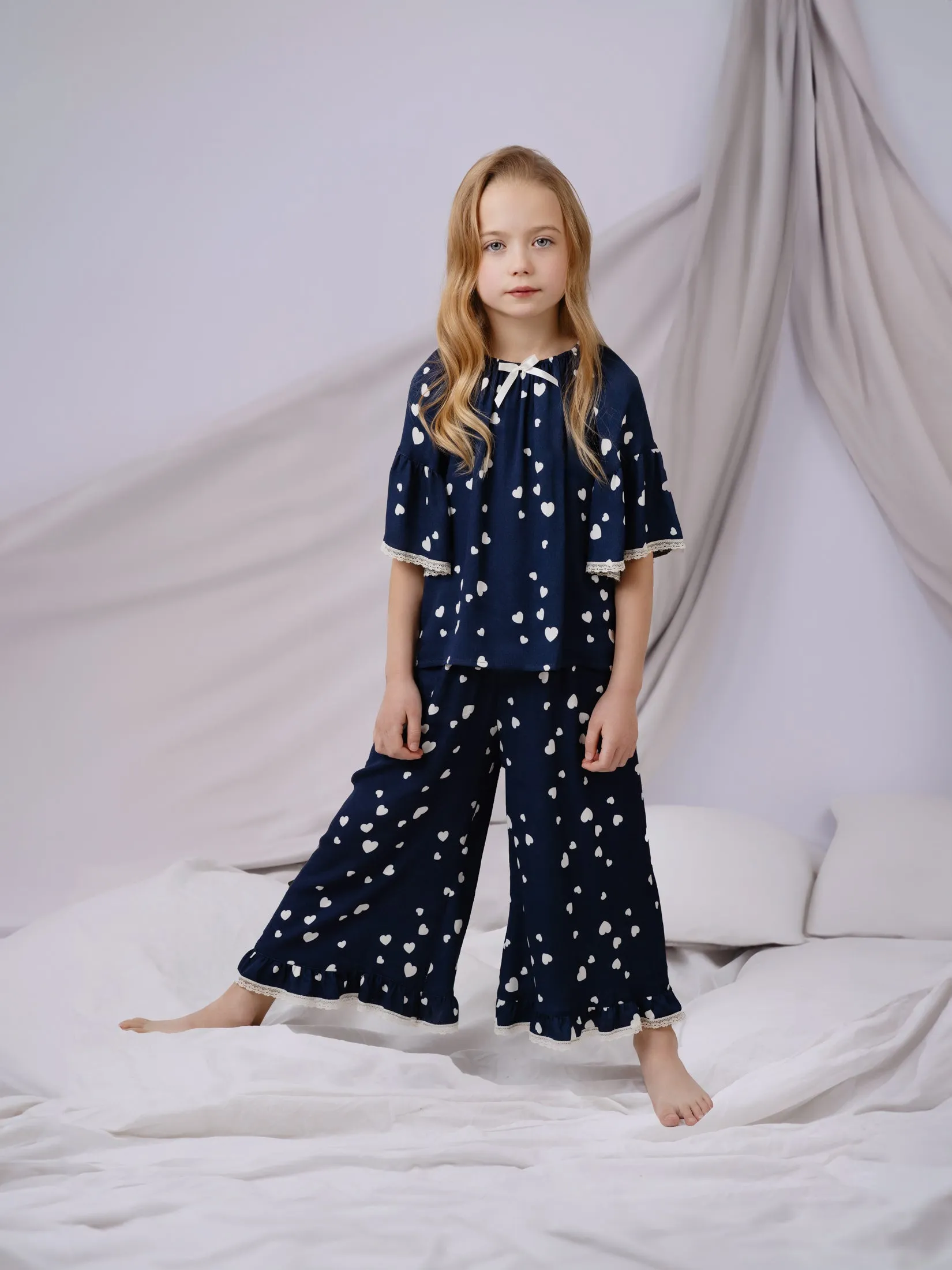 HELENA - GIRLS VISCOSE PYJAMA NAVY WITH WHITE HEARTS