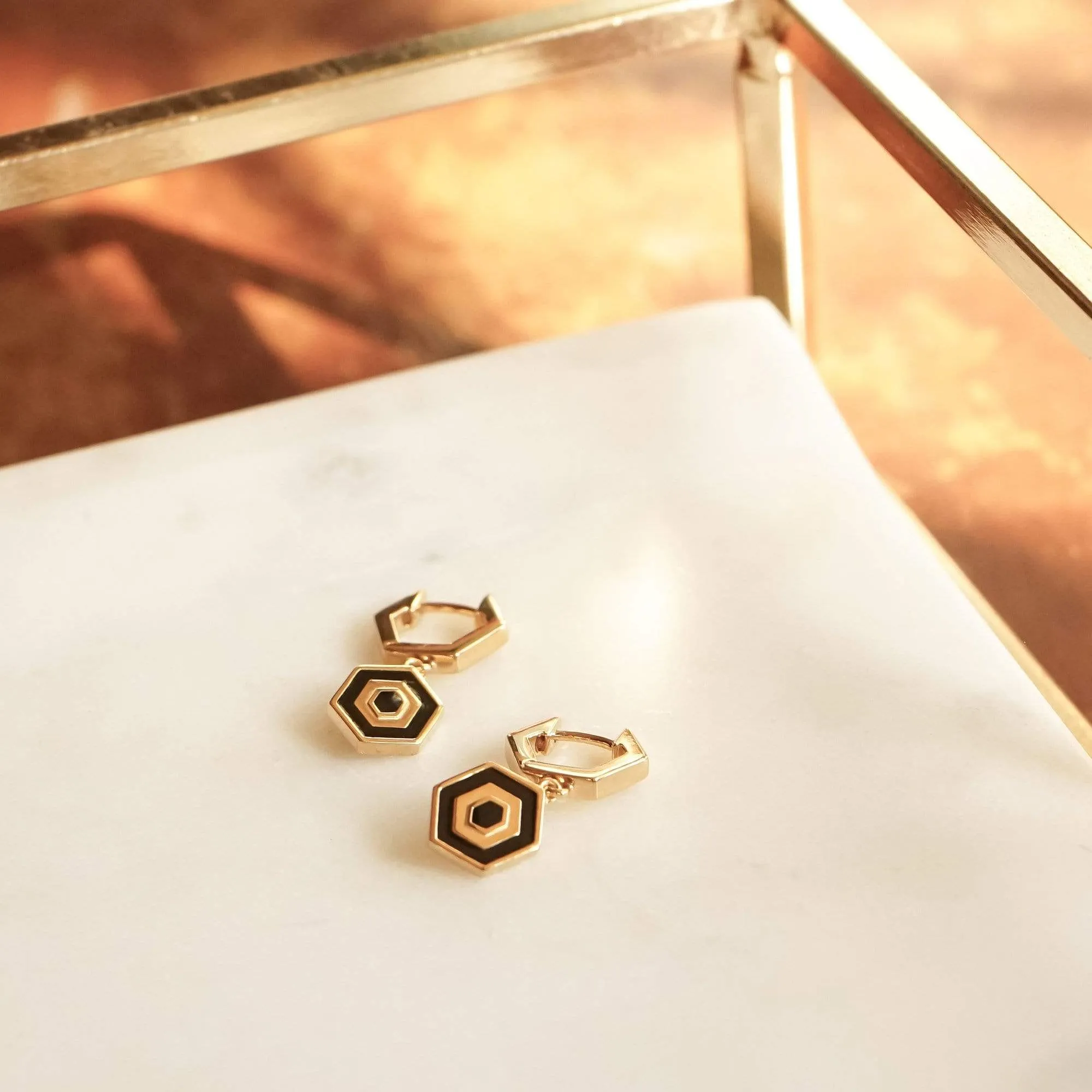 Hexagon Palm Drop Earrings 18ct Gold Plate