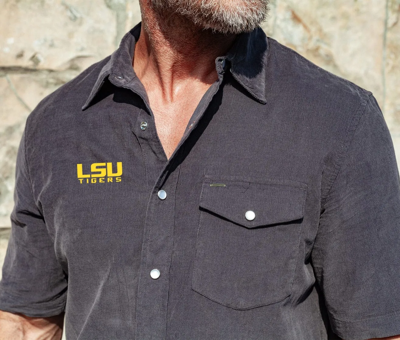 LSU - Short Sleeve Corduroy Pearl Snap - LSU Tigers - Gray