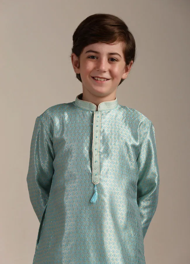 Manyavar Boys Turquoise Blue Paisley Printed Kurta Set