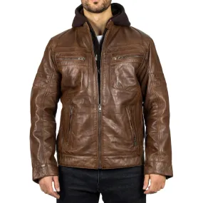 Men's Brown Hooded Genuine Leather Biker Jacket