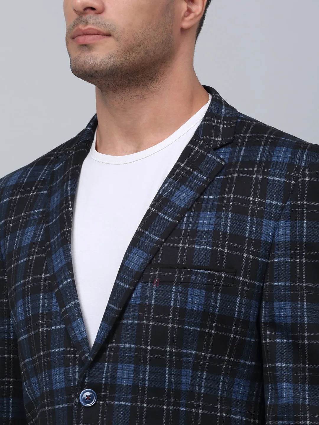 Navy Checkered Full Sleeves Casual Blazer For Men