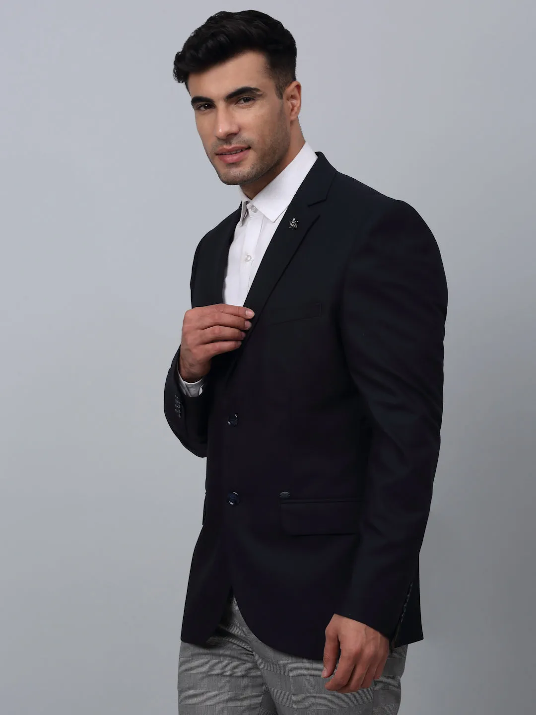 Navy Solid Full Sleeves Formal Blazer For Men