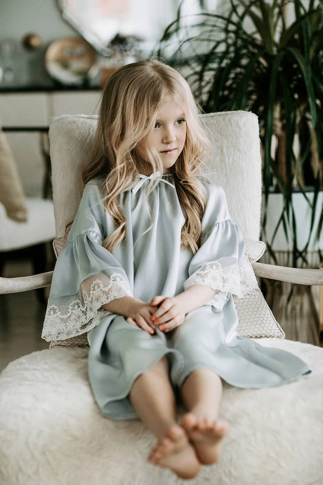 OFELIA - GIRLS SILK NIGHTDRESS ICE BLUE