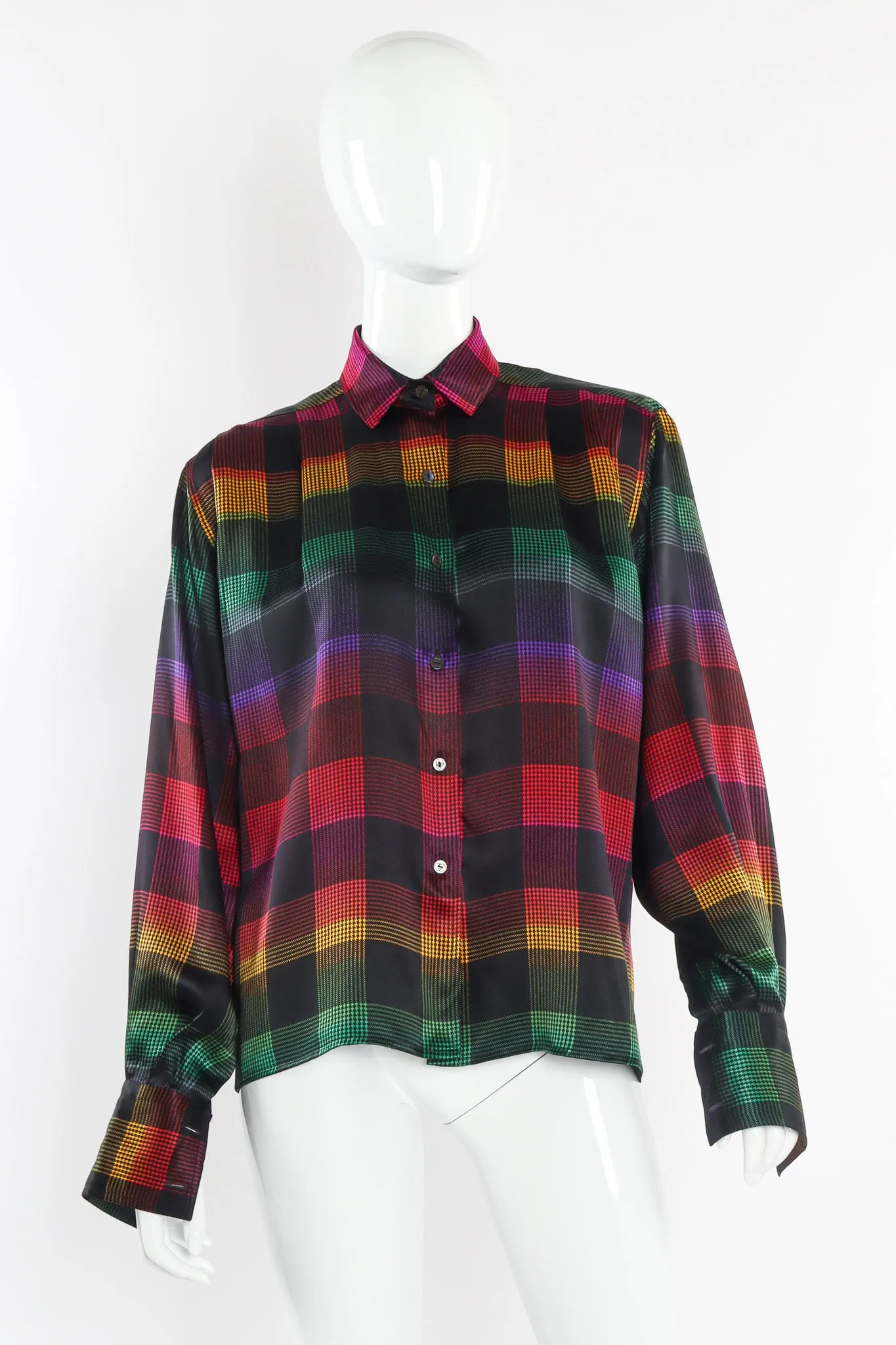 Rainbow Houndstooth Plaid Silk Blouse