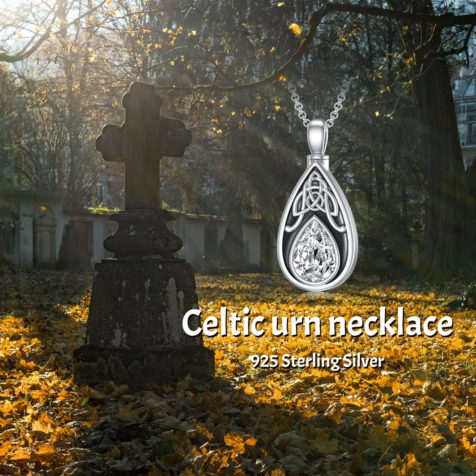 Sterling Silver Personalized Engraved Teardrop Birthstone Celtic Knot Urn Necklace for Ashes