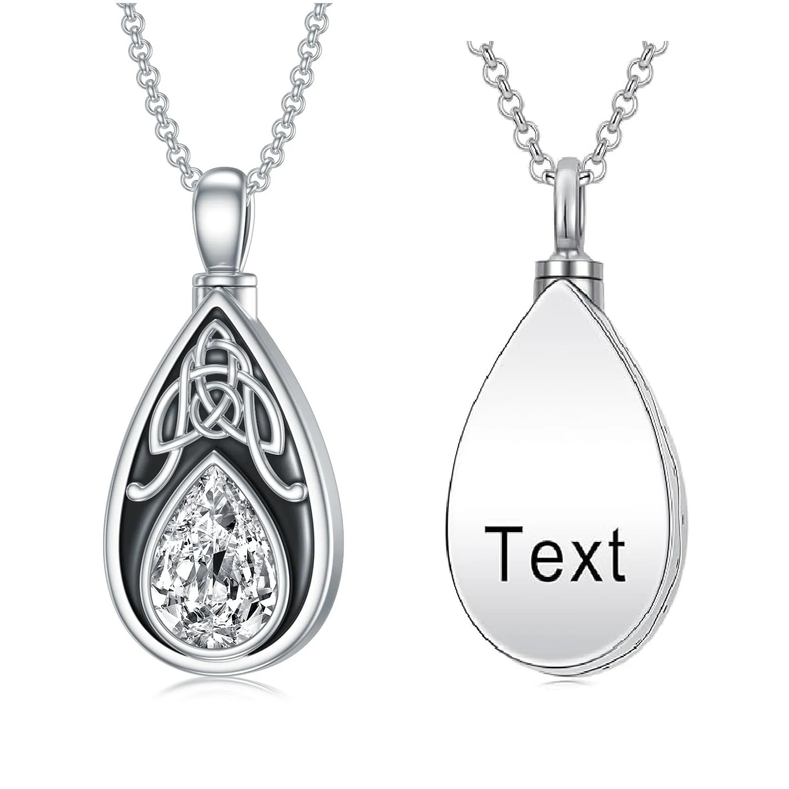 Sterling Silver Personalized Engraved Teardrop Birthstone Celtic Knot Urn Necklace for Ashes