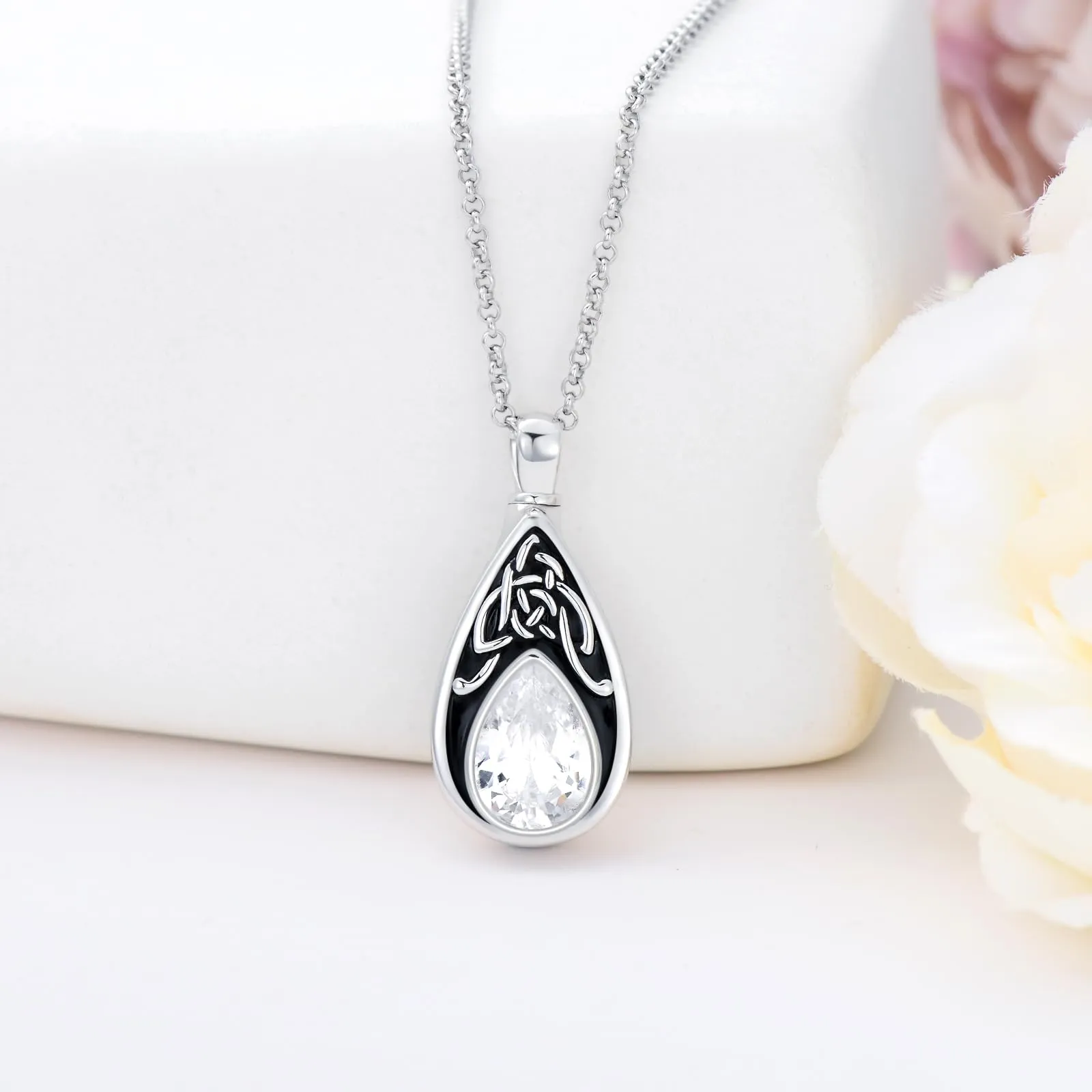 Sterling Silver Personalized Engraved Teardrop Birthstone Celtic Knot Urn Necklace for Ashes