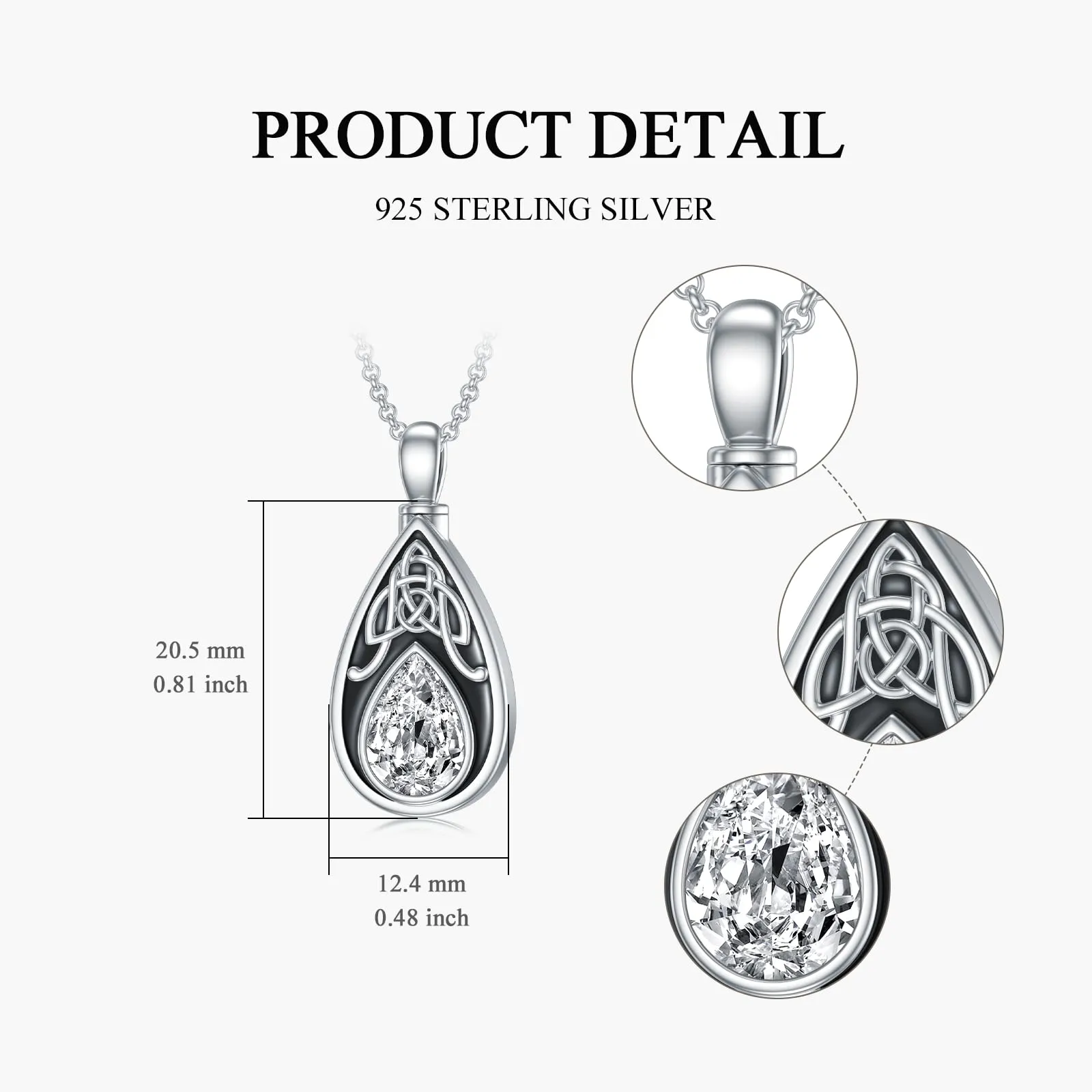 Sterling Silver Personalized Engraved Teardrop Birthstone Celtic Knot Urn Necklace for Ashes