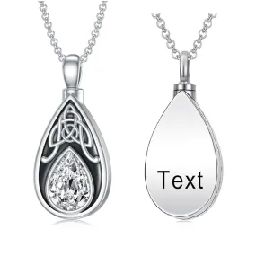 Sterling Silver Personalized Engraved Teardrop Birthstone Celtic Knot Urn Necklace for Ashes