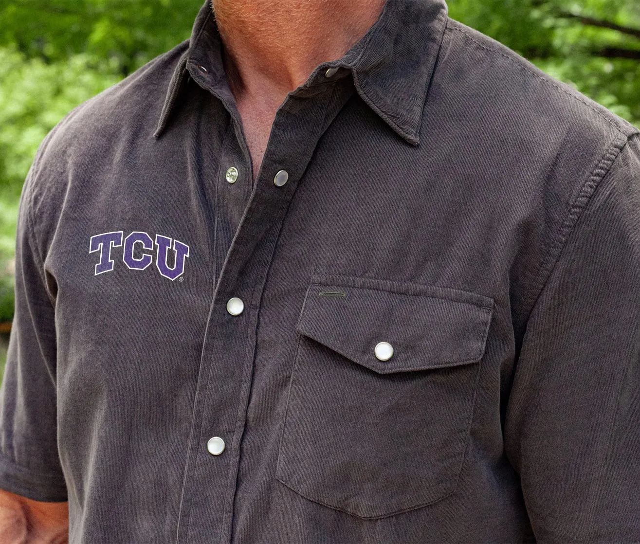 TCU - Short Sleeve Corduroy Pearl Snap - TCU Mark - Gray