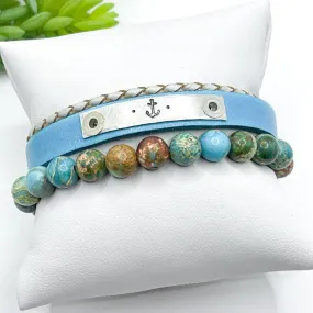 Teal Anchor Leather Set | Skinny Stack Set | Leather Bracelets | Womens