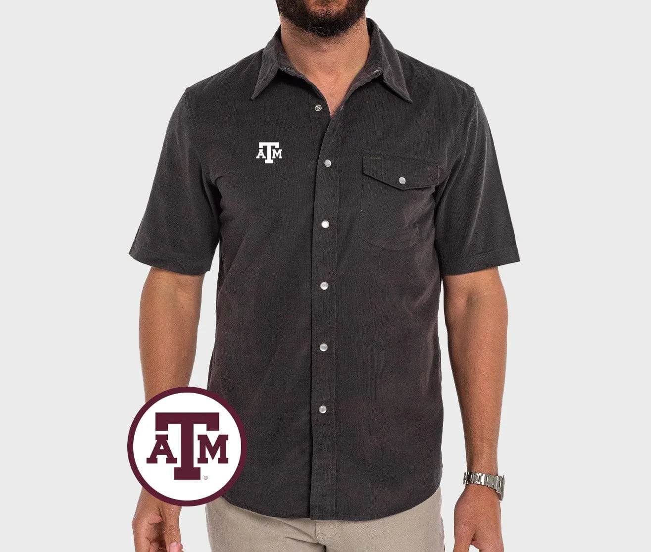 Texas A&M - Short Sleeve Corduroy Pearl Snap - A&M Mark - Gray