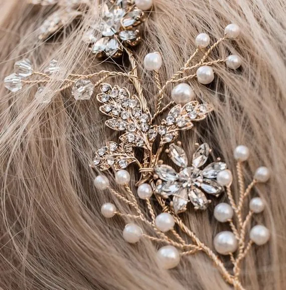 V137. Gold Bridal Pearl Rhinestone Hair Vine,  boho hairpiece for wedding